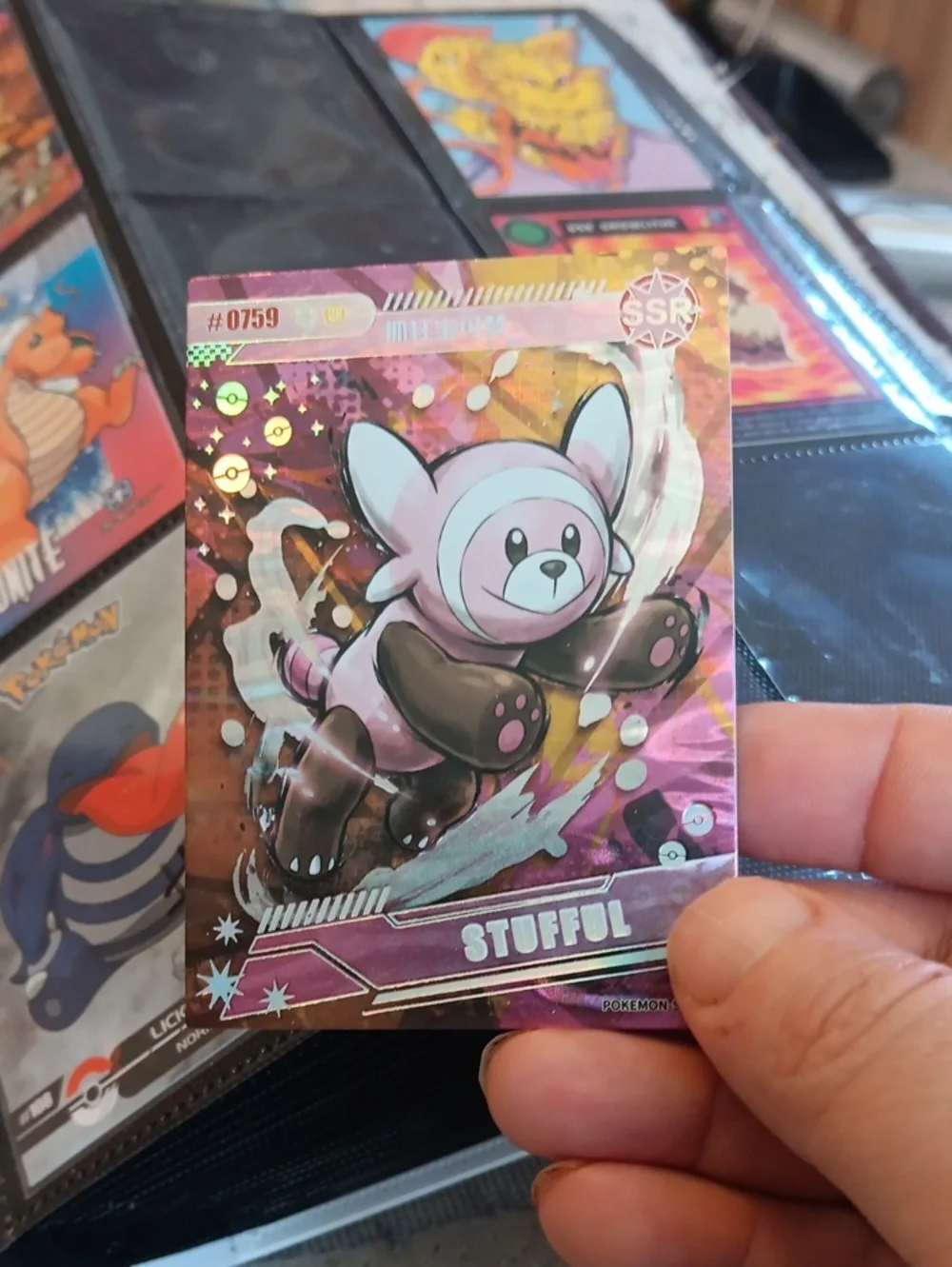 Pokemon Stufful Trading Card - Pink and Brown Holographic Art